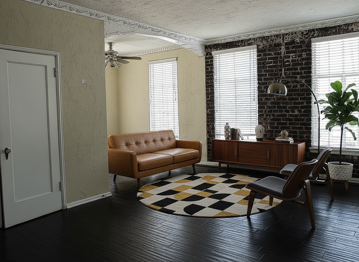 After: Room virtually staged in a mid-century modern style